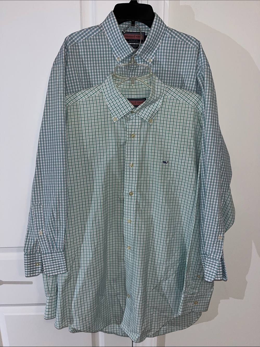 2-Vineyard Vines Whale Green & White LS gingham check classic fit Tucker shirt M